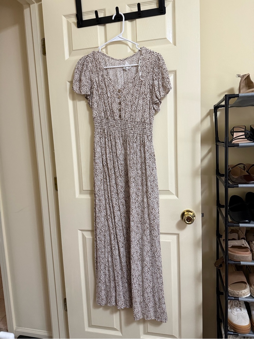 Japna Beige Printed Maxi Dress with Puff Sleeves